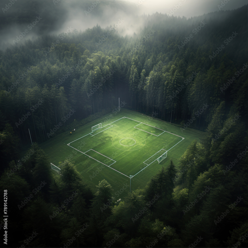 Wall mural aerial view of a soccer field in a foggy forest.