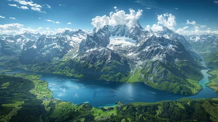  Aerial view of the Swiss Alps, snow-capped peaks and alpine lakes © mogamju