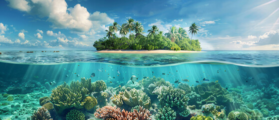 Tropical Island And Coral Reef Split View With Water - obrazy, fototapety, plakaty