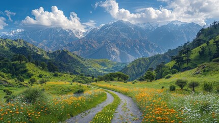 Aerial view of the Valley of Flowers, blooming flowers and Himalayan backdrop - obrazy, fototapety, plakaty