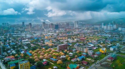 Aerial view of Ulaanbaatar, ger districts and modern skyscrapers, cloudy day - obrazy, fototapety, plakaty