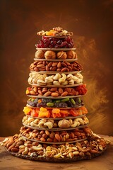 A towering stack of assorted nuts and dried fruits on brown background.