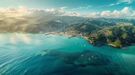 Aerial view of Wellington, windswept coasts and urban layout - obrazy, fototapety, plakaty