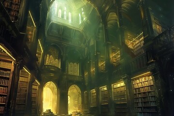 : A colossal library, its towering shelves overflowing with ancient tomes glowing with an ethereal light.