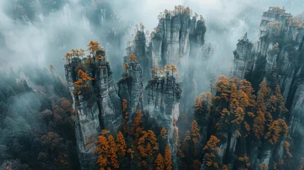Fotobehang Aerial view of Wulingyuan Scenic Area, towering sandstone pillars © mogamju