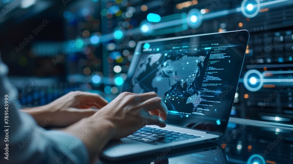 Aufkleber Internet technology programmer in data center close-up analysis verification effectiveness data security measures in cloud environment, in order to ensure their optimal performance. Futuristic style