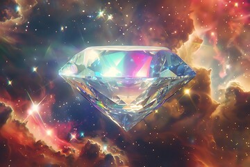: A colossal diamond floating in weightless space, its facets refracting the light of distant stars into a dazzling spectrum. - obrazy, fototapety, plakaty