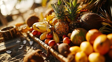 Island Delight: Pineapple and Banana Highlighted in an Arrangement of Tropical Fruits, Evoking the Flavors of the Tropics - obrazy, fototapety, plakaty