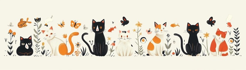 Pasteltoned wallpaper collection with playful cats, each depicted in various poses with elements like fish and flowers, handdrawn style