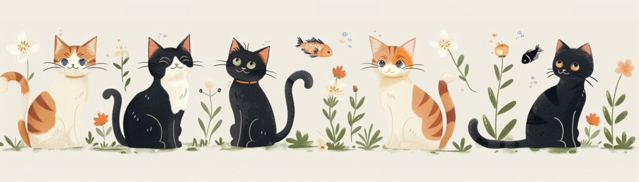 Pasteltoned wallpaper collection with playful cats, each depicted in various poses with elements like fish and flowers, handdrawn style