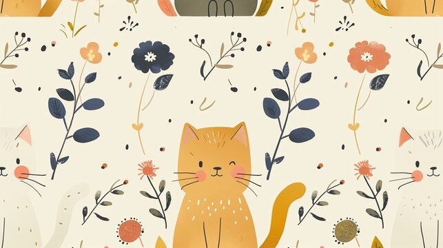 Soft pastel wallpapers showcasing cute cats with playful accessories like flowers and cute balls, each detail lovingly handdrawn