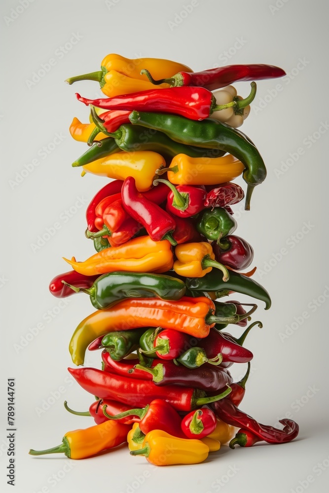 Poster A colorful assortment of various fresh chili peppers stacked vertically