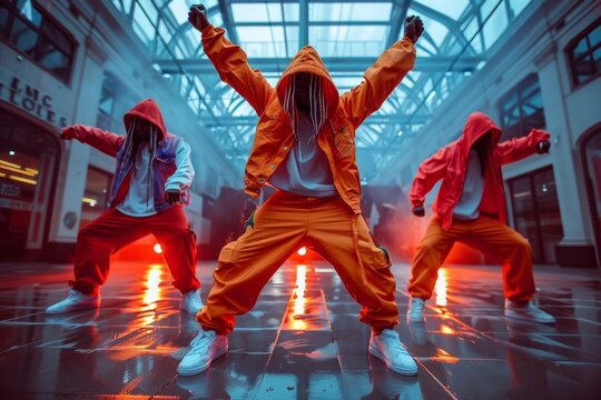 A group of street dancers performs dynamic moves in vibrant red and neon lights reflecting on wet ground at night