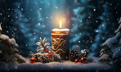 Advent candle on Christmas with snow. AI-Generated Image - obrazy, fototapety, plakaty
