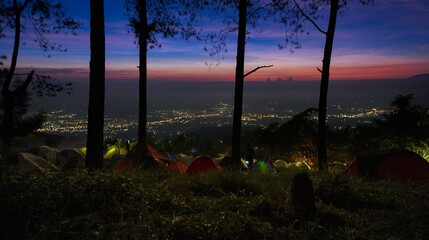Beautiful Sunrise Through Trees of Mt Ungaran Campground, Semarang, Indonesia