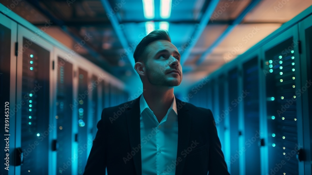 Aufkleber A businessman in the data center is involved in the development and implementation of the latest methods of protecting and storing information in cloud storage, actively applying analytical skills