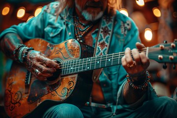 An aged musician's tattooed hands skillfully play on a classically designed guitar, evoking a lifetime of stories - obrazy, fototapety, plakaty