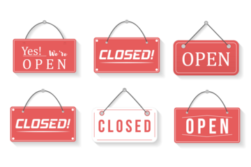 PNG, Image of various open and closed business signs. A business sign that says Come In, We're Open. Signboard with a rope.