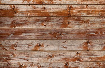 Background, texture of a wooden wall made of boards with sun-bleached brown paint
