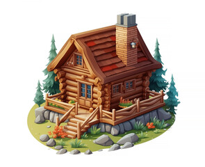 Isometric isolated cartoon illustration, volumetric rendering, wooden rustic old hut with a chimney. AI generated.