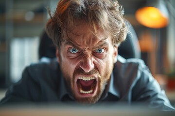 Man in an office setting displaying a fierce, angry look directly into the camera, evoking tension