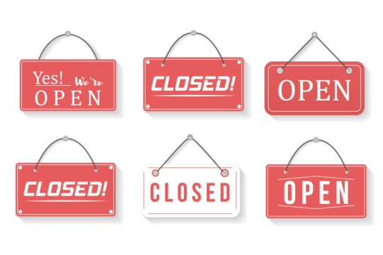 PNG, Image of various open and closed business signs. A business sign that says Come In, We're Open. Signboard with a rope.