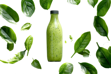 A bottle of avocado smoothie with green leaves floating in isolation on a transparent background