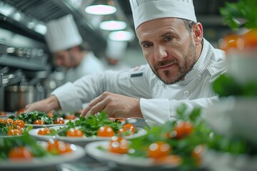 Sharp focus on a professional chef attentively garnishing plates of food in a busy commercial kitchen setting