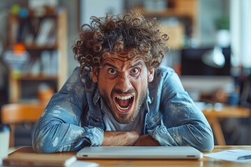 Intense portrait of a man with wild curly hair, expressing shock or surprise with widened eyes and mouth open - obrazy, fototapety, plakaty