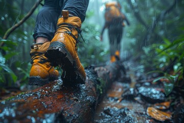 In the middle of a heavy downpour, an adventurer crosses a log in a dense rainforest - obrazy, fototapety, plakaty