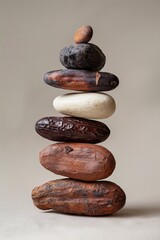 A vertical stack of various colorful cacao pods on a textured surface.