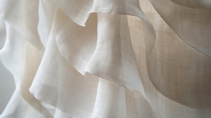 Cream white silk in a vertical hanging arrangement, with layers of varying opacity, styled to...