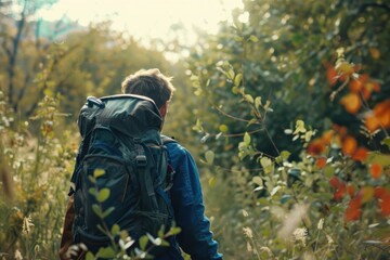 Men In Nature. Caucasian Male Hiker Embracing Nature, Exercising, and Climbing in Wilderness - obrazy, fototapety, plakaty