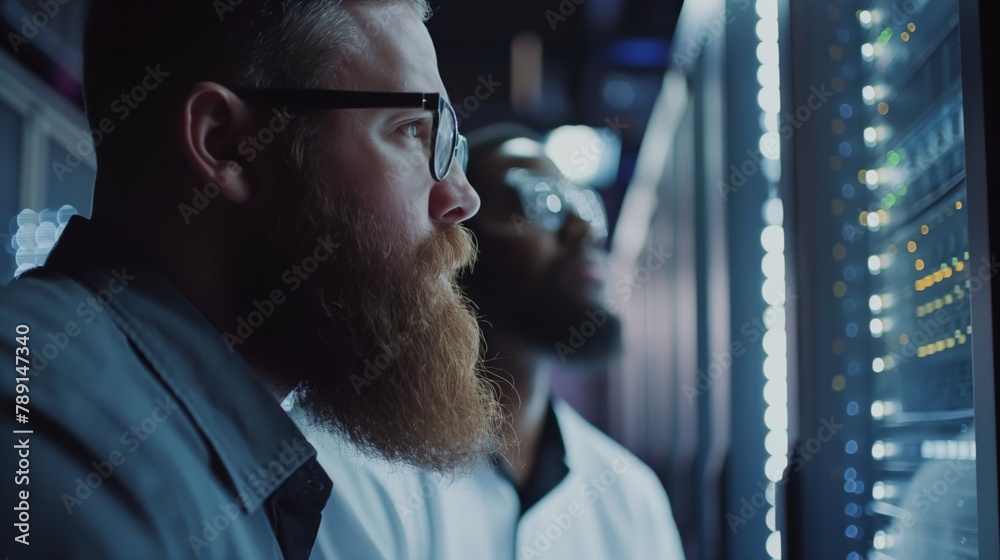 Aufkleber Two male IoT specialists in the data center combine their knowledge and skills to improve the network infrastructure and ensure the highest level of data security in the data center