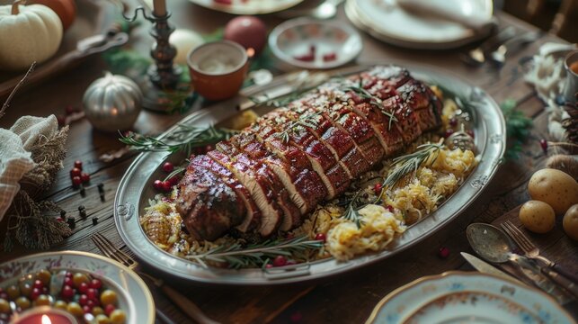 Festive Roasted Pork Loin with Cranberries and Rosemary on Holiday Table