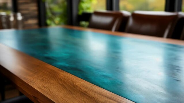 A blue table with a wooden top and a green border
