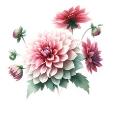 A watercolor-style illustration portraying the delicate structure of dahlia flowers in soft, pastel colors.