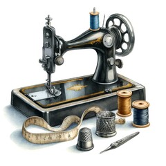 A detailed watercolor-style illustration featuring a classic black metal sewing machine and vintage sewing accessories. - obrazy, fototapety, plakaty