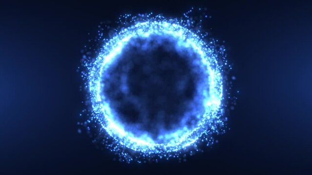 Abstract round sphere made of shiny blue magic glow particles on a dark background, energy ball made of bright dots, spherical ball movement. Seamless 4K video looping