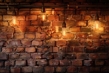 Brick Wall Lights. Vintage red brick wall with bulb lights lantern in interior showcase