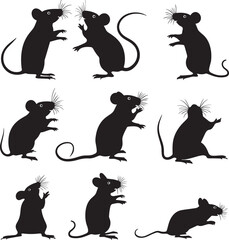 mouse with different poses silhouette vector black on white background