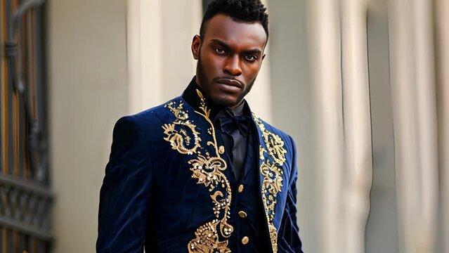 A dapper black man exudes confidence and sophistication in his intricately embroidered navy coat and matching waistcoat. His hair is styled in a sleek modern pump and his makeup is .
