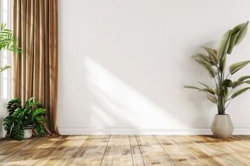 Empty Room with White Wall Mockup, Brown Curtain and Green Plant