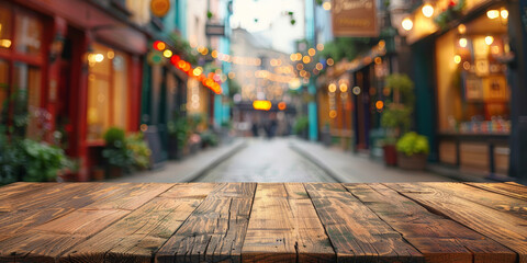 empty wooden table top with street  background , decorated for St Patrick's Day celebration, 