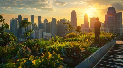Eco-Friendly Urban Garden: Singapore skyline viewed from a rooftop garden with advanced agri-tech systems, showing a young professional checking environmental sensors at sunset.
