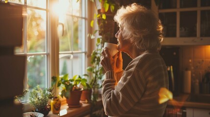 Elderly woman sipping coffee by the kitchen window at dawn, in a cozy, clutter-free setting.