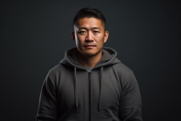 Obraz premium Portrait of a glad asian man in his 30s sporting a comfortable hoodie isolated on plain cyclorama studio wall
