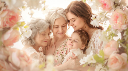 Fototapeta premium Four Generations of Women Embracing, Surrounded by Soft Floral Blooms, Timeless Family Bond