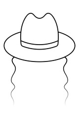 Hat with curls. Sketch. Jewish headdress with sidelocks at the temples. Vector illustration. Outline on isolated background. Coloring book for children. Doodle style. The bowler hat is decorated with 