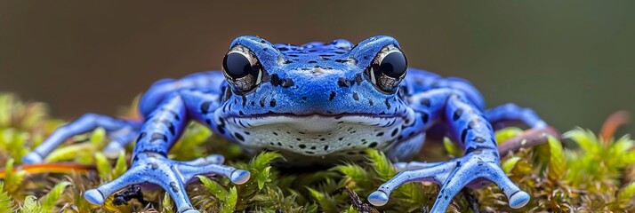 Macro capture of azure dart frog, dendrobates tinctorius azureus, perched on vibrant green moss
